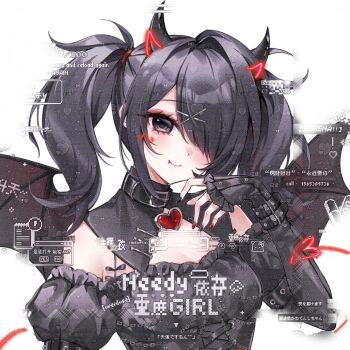 Rule 34 | 1girl, alternate costume, ame-chan (needy girl overdose), arm belt, black bow, black collar, black dress, black eyes, black hair, black nails, bow, breasts, closed mouth, collar, commission, demon horns, demon wings, detached collar, detached sleeves, doodled object, dress, fingernails, frilled shirt, frills, gem, hair ornament, hair over one eye, hair ribbon, hand up, hashtag-only commentary, heart-shaped gem, highres, horns, long fingernails, long hair, long sleeves, looking at viewer, multicolored nails, needy girl overdose, portrait, puffy detached sleeves, puffy sleeves, red gem, red nails, red ribbon, ribbon, sayaaatat, shirt, sidelocks, single hair intake, sleeves past wrists, small breasts, smile, solo, too many watermarks, twintails, variant set, watermark, wings, wrist belt, x hair ornament