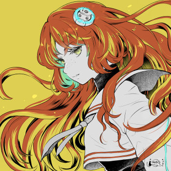 Rule 34 | 1girl, alternate costume, commentary request, commission, floating hair, freckles, highres, hoshino miyuki, ishmael (project moon), limbus company, limited palette, long hair, neckerchief, orange hair, orange trim, parted lips, project moon, sailor collar, simple background, skeb commission, solo, upper body, very long hair, white sailor collar, yellow background