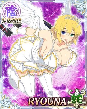 1girl :3 :p arms_behind_back bent_over blonde_hair blue_eyes boots border breasts card_(medium) character_name dress dual_wielding fake_wings game_cg garter_straps gloves green_eyes gun handgun heterochromia holding holding_gun holding_weapon large_breasts leg_up looking_at_viewer medium_hair messy_hair official_art ryouna_(senran_kagura) senran_kagura senran_kagura_new_wave silver_tiara smile solo standing standing_on_one_leg thigh_boots thighhighs third-party_source tongue tongue_out weapon white_dress white_garter_straps white_gloves white_thighhighs white_wings wings