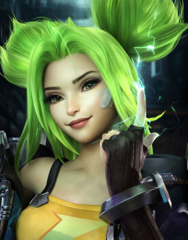1girl 3d 7bpictures bandaid bandaid_on_face blue_jacket breasts brown_gloves electricity electrokinesis fingerless_gloves gloves green_eyes green_hair highres jacket league_of_legends lightning_bolt_symbol medium_breasts open_clothes open_jacket parted_bangs photorealistic pointing pointing_up realistic short_hair sidelocks smile solo tank_top twintails yellow_tank_top zeri_(league_of_legends)