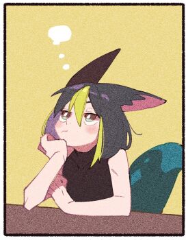 1boy animal_ear_fluff animal_ears bare_shoulders black_hair black_shirt blush border bright_pupils brown_eyes closed_mouth covered_collarbone elbow_rest fox_boy fox_ears fox_tail genshin_impact green_eyes green_hair hair_between_eyes hand_up head_rest male_focus multicolored_eyes multicolored_hair nploser shirt short_hair simple_background sleeveless sleeveless_shirt solo speech_bubble streaked_hair table tail thinking thought_bubble tighnari_(genshin_impact) turtleneck white_border white_pupils yellow_background