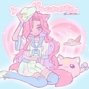 1girl animal_ear_fluff animal_ears blue_eyes blue_neckerchief blue_sailor_collar blue_thighhighs choker closed_mouth commission crescent crescent_facial_mark eyelashes facial_mark fingernails food forehead_mark full_body hand_on_own_hat hand_up hat highres ice_cream looking_at_viewer makeup mellownote midriff nail_polish navel neckerchief one_eye_closed original parted_bangs pink_hair pink_nails pleated_skirt rouge_(makeup) sailor_collar see-through_clothes see-through_skirt see-through_sleeves shirt shoes short_sleeves shorts sitting skeb_commission skirt smile solo sparkle square tail thighhighs twitter_username wavy_hair white_choker white_hat white_shorts