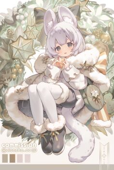 1girl animal_ears artist_name black_boots black_eyes black_shorts boots cloneko_(zelmeledf2) color_guide commentary_request commission fur-trimmed_shorts fur_boots fur_trim grey_eyes highres holding long_sleeves looking_at_viewer open_mouth pantyhose short_hair shorts six_pointed_star skeb_commission snow_leopard_ears snow_leopard_girl snow_leopard_tail solo tail twitter_username vrchat white_hair white_pantyhose