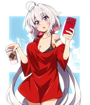 1girl ahoge artist_name blue_background bob_cut border breasts cellphone cleavage commentary_request cup disposable_coffee_cup disposable_cup double-parted_bangs hair_between_eyes highres holding holding_cup holding_phone large_breasts multicolored_hair naked_shirt open_mouth phone purple_eyes senki_zesshou_symphogear shirt short_sleeves single_off_shoulder smartphone solo tanashi_(mk2) two-tone_hair upper_body white_border white_hair yukine_chris