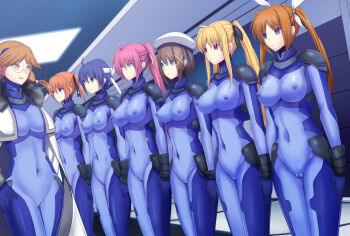 6+girls bandana blonde_hair blue_bodysuit blue_eyes blue_hair blush bodysuit braid breasts brown_hair cameltoe closed_mouth covered_erect_nipples covered_navel daiaru earrings empty_eyes fate_testarossa glasses green_eyes hair_ornament hair_ribbon hat jewelry large_breasts long_hair looking_at_another lyrical_nanoha mahou_shoujo_lyrical_nanoha_strikers mind_control multiple_girls no_bra no_panties numbers&#039;_uniform numbers_(nanoha) open_mouth ponytail purple_hair quattro_(nanoha) red_eyes ribbon short_hair signum skin_tight smile standing subaru_nakajima takamachi_nanoha take_your_pick teana_lanster twintails white_headwear x_hair_ornament yagami_hayate