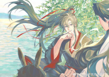 2boys absurdres animal black_hair black_hanfu brown_hair chinese_clothes chinese_commentary closed_mouth commentary_request day diaomaoxiaoheidaoliangquanban donkey floating_hair grey_eyes hair_ribbon hand_on_own_chin hanfu headband highres holding holding_reins lake lan_wangji leaf little_apple_(donkey) long_hair long_sleeves looking_at_another male_focus modao_zushi mountainous_horizon mouth_hold multiple_boys ocean outdoors ponytail red_ribbon red_sash reins ribbon ribbon_in_mouth riding riding_animal robe sash sitting smile solo_focus tree upper_body water watermark wei_wuxian weibo_watermark white_hanfu white_headband white_ribbon wide_sleeves willow wind