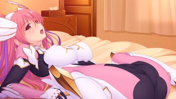 1girl bed blush bodysuit breasts cameltoe covered_erect_nipples curtains en_ciel_rena en_ciel_rena_(aegis) game_cg hair_ribbon kourin_tenshi_en_ciel_rena large_breasts large_variant_set long_hair lying magical_girl non-web_source official_art on_back on_bed open_mouth pink_eyes pink_hair red_eyes ribbon saitou_natsuki skin_tight solo spread_legs suhamaya tomoe_rena variant_set
