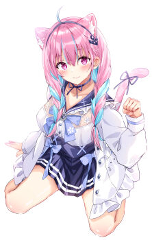 Rule 34 | 1girl, absurdres, ahoge, anchor hair ornament, anchor symbol, animal ears, blue choker, blue hair, blue hairband, blue sailor collar, blush, bow, braid, breasts, cat ears, choker, colored inner hair, frilled sailor collar, frills, hair ornament, hairband, hattori 9029, highres, hololive, jacket, kneeling, long hair, long sleeves, looking at viewer, minato aqua, minato aqua (sailor), multicolored hair, nyan, official alternate costume, pink hair, purple eyes, ribbon, ribbon choker, sailor collar, skirt, smile, solo, tail, tail ornament, tail ribbon, twin braids, two-tone hair, virtual youtuber, white background