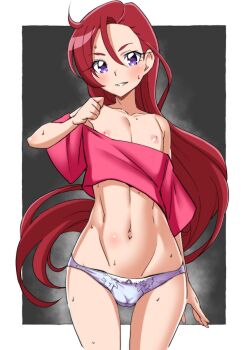1girl asortofcolorfag blush cameltoe colorized flat_chest groin hair_between_eyes highres long_hair looking_at_viewer miyagoe_yoshitsuki navel nipples no_bra open_mouth panties pink_shirt precure purple_eyes red_hair shirt smile solo steaming_body stomach sweat takizawa_asuka teeth underwear very_long_hair white_panties