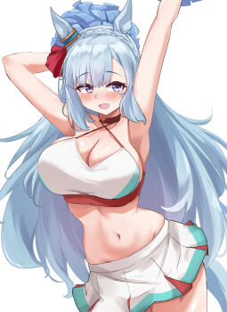 1girl absurdres animal_ears arms_up blue_hair blue_tail blush braid breasts cheerleader cleavage commentary_request crop_top crown_braid ear_ornament gryebooks highres holding holding_pom_poms horse_ears horse_girl horse_tail large_breasts long_hair looking_at_viewer mejiro_ardan_(umamusume) midriff navel open_mouth pom_pom_(cheerleading) pom_poms simple_background skindentation skirt solo sports_bra stomach tail thighs umamusume white_background white_skirt white_sports_bra