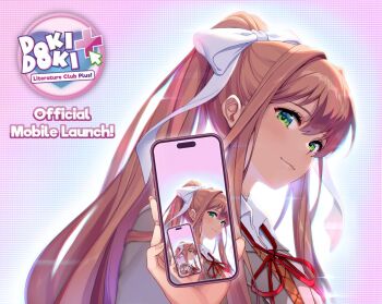 1girl artist_request bow coat collared_shirt commentary copyright_logo doki_doki_literature_club english_commentary green_eyes grey_coat hair_bow high_ponytail holding holding_phone logo long_hair long_sidelocks looking_at_viewer monika_(doki_doki_literature_club) neck_ribbon official_art phone pink_hair pink_vest ponytail promotional_art refraction ribbon shirt sidelocks smile upper_body vest white_shirt