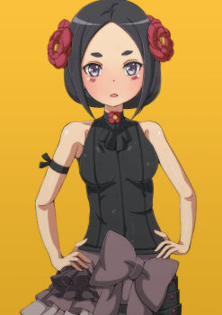 Rule 34 | 1girl, armband, bad anatomy, bad id, bad pixiv id, black eyes, black hair, black skirt, blush, bow, breasts, female focus, flower, grey bow, hair flower, hair ornament, hands on own hips, li@ (rikku04), looking at viewer, parted bangs, princess principal, short hair, simple background, skirt, sleeveless, small breasts, solo, standing, toudou chise, upper body, yellow background
