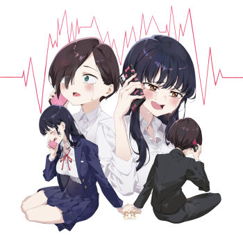 Rule 34 | 1boy, 1girl, absurdres, bag charm, black hair, black pants, boku no kokoro no yabai yatsu, brown hair, cardiogram, charm (object), cheese kang, commentary, crying, crying with eyes open, gakuran, green eyes, hetero, highres, holding, holding hands, holding phone, ichikawa kyoutarou, long hair, long sleeves, matching accessory, multiple views, pants, phone, school uniform, shirt, short hair, symbol-only commentary, talking on phone, tears, white shirt, yamada anna