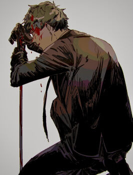 1boy black_jacket black_pants blood blood_on_face commentary_request fate/grand_order fate_(series) grey_background holding holding_sword holding_weapon jacket kneeling male_focus nasubi_illust pants saitou_hajime_(fate) solo sword weapon