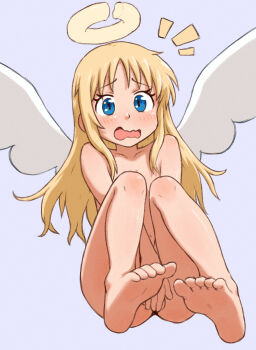 1other angel angel_wings beachepisode blonde_hair blue_eyes choppy_bangs collarbone completely_nude covering_crotch covering_privates crimvael grey_background highres ishuzoku_reviewers knees_up long_hair looking_at_viewer nude sidelocks simple_background wings