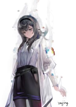 1girl absurdres arknights black_hair black_hairband black_pantyhose black_ribbon black_skirt closed_mouth coat collared_shirt distortion glitch grey_eyes hairband headband highres jacket jsnttzzj long_hair long_sleeves looking_at_viewer medium_hair pantyhose priestess_(arknights) ribbon shirt simple_background skirt smile solo static sweater turtleneck white_background white_coat white_shirt white_sweater