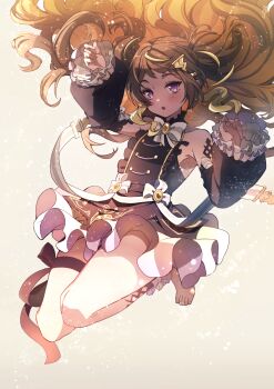 1girl :o absurdres ankle_garter anya_melfissa anya_melfissa_(1st_costume) arm_up barefoot black_dress black_ribbon black_sleeves blonde_streaks bloom brown_hair center_frills commentary_request detached_sleeves dress feet feet_up flat_chest floating floating_hair frilled_cuffs frilled_dress frilled_sleeves frills full_body hands_up highres hololive hololive_indonesia kris_hair_ornament leg_ribbon long_hair long_sleeves looking_at_viewer multicolored_hair open_mouth purple_eyes ribbon shade short_dress simple_background sleeveless sleeveless_dress sleeves_past_wrists solo streaked_hair sushida_hayari thigh_ribbon toes two-tone_hair virtual_youtuber wavy_hair wavy_sidelocks white_background