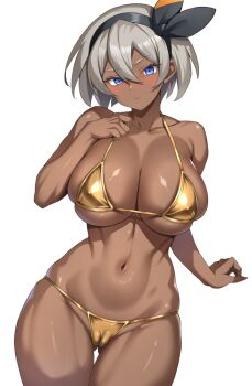 1girl alternate_costume bea_(pokemon) bikini blue_eyes blush bow breasts cameltoe cowboy_shot dark-skinned_female dark_skin gold_bikini grey_hair hair_between_eyes hairband hand_on_own_chest large_breasts looking_at_viewer nintendo pokemon pokemon_swsh ranhatu simple_background swimsuit white_background