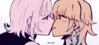 2girls akan_emi blush earrings feather_earrings feathers gradient_hair highres hololive hololive_english imminent_kiss jewelry limited_palette long_hair looking_at_another mori_calliope multicolored_hair multiple_girls open_mouth orange_hair takanashi_kiara virtual_youtuber yuri