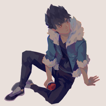 Rule 34 | 1boy, absurdres, arm support, black hair, black pants, black shirt, blue jacket, closed mouth, commentary, dark-skinned male, dark skin, english commentary, fur-trimmed hood, fur-trimmed jacket, fur-trimmed sleeves, fur trim, grey footwear, highres, holding, holding poke ball, hood, hop (pokemon), jacket, looking to the side, male focus, nintendo, open clothes, open jacket, orange eyes, pants, poke ball, poke ball (basic), pokemon, pokemon swsh, shirt, short hair, simple background, sitting, solo, v-neck, vonnabeee, white background, white fur