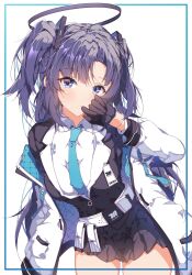 Rule 34 | 1girl, black gloves, black skirt, blue archive, blue necktie, blush, closed mouth, collared shirt, commentary request, cowboy shot, formal, gloves, halkawa501, halo, highres, id card, jacket, long hair, long sleeves, looking at viewer, necktie, open clothes, open jacket, parted bangs, pleated skirt, purple eyes, purple hair, school uniform, shirt, sidelocks, simple background, skirt, solo, suit, two-sided fabric, two-sided jacket, two side up, white jacket, white shirt, yuuka (blue archive)