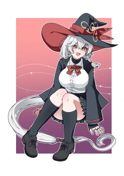 1girl absurdres asymmetrical_hair black_shoes black_skirt black_socks blue_archive bow bowtie braid breasts brown_halo days_(user_zehd4554) diagonal-striped_bow diagonal-striped_bowtie diagonal-striped_clothes earrings eri_(blue_archive) hair_between_eyes halo hat highres huge_breasts jewelry long_hair long_sleeves looking_at_viewer low-tied_long_hair miniskirt multiple_rings open_mouth pleated_skirt red_bow red_bowtie red_streaks ring shirt shoes side_halo sitting skirt smile socks solo striped_bow striped_bowtie striped_clothes tilted_halo two-sided_fabric two-sided_headwear unbuttoned_jacket very_long_hair white_hair white_shirt witch_hat