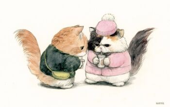 animal animal_focus beanie black_coat cat coat commentary cup disposable_cup drinking drinking_straw gotte hat holding holding_cup no_humans original pink_coat pom_pom_(clothes) pom_pom_beanie simple_background symbol-only_commentary white_background