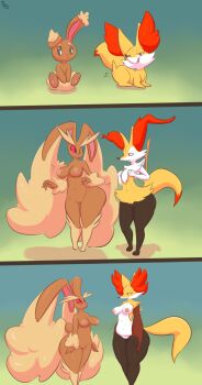 2girls absurdres animal_ears animal_hands ass black_sclera braixen breast_envy breasts buneary cleft_of_venus colored_sclera delphox diamond_(shape) feet fennekin fox_ears fox_tail full_body furry gen_4_pokemon gen_6_pokemon gradient_background green_background half-closed_eyes highres immortalstar inverted_nipples large_breasts looking_up lopunny multiple_girls multiple_views navel nintendo nipples one_eye_closed pokemon pokemon_(creature) pussy rabbit_ears rabbit_tail red_eyes signature simple_background sitting smile standing stick tail text_focus tongue tongue_out uncensored white_eyes wink