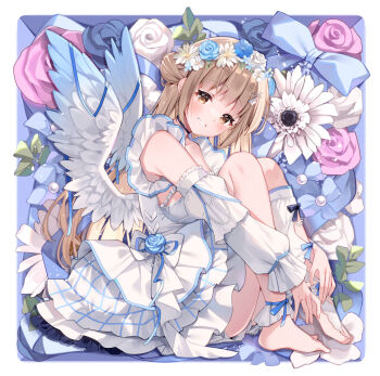 1girl bare_shoulders barefoot blue_background blue_flower blue_rose blunt_bangs blush border brown_eyes brown_hair commentary_request detached_sleeves dress flower full_body grin hair_bun hair_ornament irori knees_up leaf long_hair long_sleeves looking_at_viewer original outside_border pink_flower pink_rose rose sitting sleeveless sleeveless_dress smile solo white_border white_dress white_flower white_rose white_sleeves wing_hair_ornament x_hair_ornament