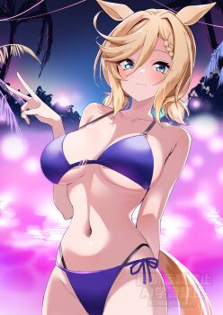 1girl alternate_costume animal_ears blue_eyes blush breasts hair_between_eyes hair_ornament highres horse_ears horse_girl horse_tail komb large_breasts medium_hair navel night pool swimsuit tail umamusume v venus_paques_(umamusume) watermark
