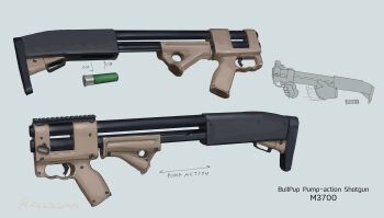 artist_name blue_background bullpup gun highres holding holding_gun holding_weapon hozumi_sousei multiple_views no_humans original pump_action shell_casing shotgun trigger weapon weapon_focus