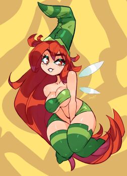 1girl 2023 absurdly_long_hair absurdres arms_between_legs bare_shoulders betilla_(rayman) black_eyes body_freckles bracelet breasts cleavage collar commentary english_commentary eyeshadow fairy fairy_wings floating freckles gold_bracelet green_eyeshadow green_hat green_lips green_thighhighs grin hair_between_eyes hat highres jamoart jewelry large_breasts legs_up long_hair looking_at_viewer makeup microskirt midriff navel rayman_(series) rayman_origins red_hair shiny_skin side_slit skirt smile strapless thick_thighs thighhighs thighs ubisoft unaligned_breasts very_long_hair wings yellow_background