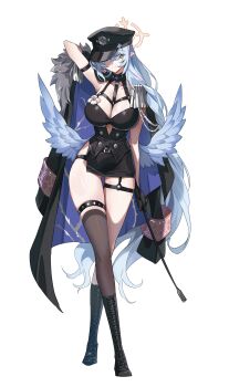 1girl absurdres alternate_costume asymmetrical_legwear black_coat black_corset black_skirt blue_archive blue_hair blue_wings breasts closed_mouth coat coat_on_shoulders commentary_request corset feathered_wings full_body garter_straps green_eyes hair_between_eyes halo hat highres large_breasts long_hair looking_at_viewer memdic_(srs00108) mine_(blue_archive) open_clothes open_coat pointy_ears single_thighhigh skirt solo thigh_strap thighhighs two-sided_coat two-sided_fabric very_long_hair wings yellow_halo