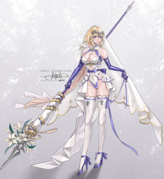 Rule 34 | 1girl, absurdres, alternate costume, artist name, bare shoulders, battle standard, blonde hair, blue eyes, blue ribbon, braid, breasts, character name, cleavage, fate/apocrypha, fate/grand order, fate (series), flag, full body, headpiece, highres, holding, holding flag, jeanne d'arc (fate), large breasts, long braid, long hair, looking at viewer, princess ailish, ribbon, signature, single braid, solo, standard bearer, thighhighs, very long hair, war flag, white thighhighs