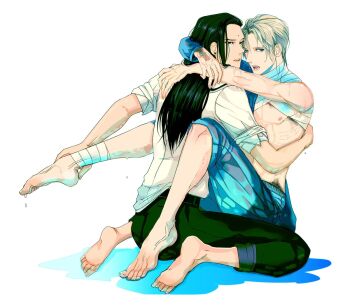 2boys arms_around_neck bandaged_leg bandaged_neck bandages belt bindi black_hair blonde_hair blue_eyes earrings feet final_fantasy final_fantasy_vii final_fantasy_vii:_advent_children from_behind green_pants hand_on_another's_back hug jewelry legs long_hair looking_at_viewer male_focus multiple_boys nipples open_mouth pants parted_lips pectorals pectorals rufus_shinra shiny_skin shirt short_hair simple_background soles square_enix teeth tseng turks_(ff7) wet white_background white_shirt yaoi