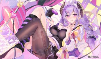 1girl :p alternate_costume asymmetrical_legwear black_choker black_horns black_tank_top blush breasts brown_pantyhose choker cleavage closed_mouth commentary_request controller demon_horns demon_tail detached_leggings full_body fur_hairband game_controller hair_ornament hair_scrunchie hairband heart heart-shaped_pillow holding holding_controller holding_game_controller horns jacket large_breasts long_hair looking_at_viewer mismatched_legwear mole mole_under_mouth nanashi_inc. nintendo_switch_pro_controller official_art open_clothes open_jacket pantyhose pillow pointy_ears purple_eyes purple_hair saionji_mary scrunchie shuri_(84k) single_leg_pantyhose smile solo tail tank_top tongue tongue_out virtual_youtuber white_hairband white_jacket