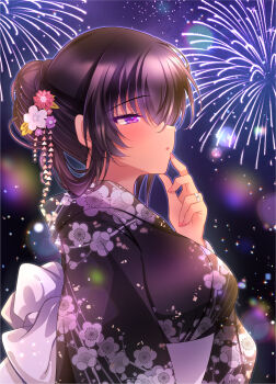 Rule 34 | 1girl, black hair, blush, breasts, fireworks, flower, hair bun, hair flower, hair ornament, highres, ichiyou moka, japanese clothes, jewelry, kimono, large breasts, long hair, looking at another, looking to the side, mature female, night, open mouth, original, outdoors, purple eyes, ring, saimin kanojo (ichiyou moka), shiny clothes, shiny skin, single hair bun, sky, solo, takanashi ouka (ichiyou moka), wedding ring