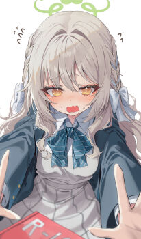 1girl @_@ absurdres belt blazer blue_archive blue_bow blue_bowtie blue_jacket blush book bow bowtie braid caught collared_shirt commentary diagonal-striped_bow diagonal-striped_bowtie diagonal-striped_clothes dress dress_shirt eyelashes flustered flying_sweatdrops furrowed_brow green_halo grey_dress grey_hair hair_bow hair_intakes hair_ribbon halo highres jacket kerno lapels long_hair long_sleeves looking_down miyo_(blue_archive) nervous_sweating notched_lapels open_clothes open_hands open_jacket open_mouth orange_eyes outstretched_arms pinafore_dress plaid_clothes plaid_dress pornography pov ribbon ribbon_braid school_uniform shirt short_dress sidelocks simple_background sleeveless sleeveless_dress solo stop_(gesture) striped_bow striped_bowtie striped_clothes sweat tearing_up tears upper_body wavy_hair wavy_mouth white_background white_belt white_bow white_shirt winter_uniform