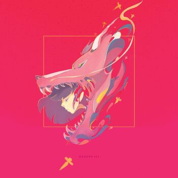 1boy black_hair blunt_bangs bob_cut commentary dragon english_commentary facial_hair gokupo101 haku_(sen_to_chihiro_no_kamikakushi) long_mustache looking_ahead mustache photoshop_(medium) pink_background profile red_background sen_to_chihiro_no_kamikakushi sharp_teeth teeth