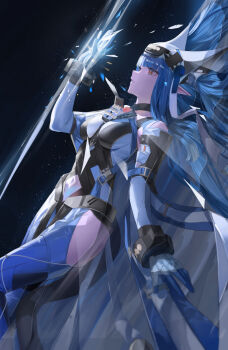 Rule 34 | arknights, arknights: endfield, blazpu, blue hair, blunt bangs, bodysuit, breasts, from side, highres, impossible bodysuit, impossible clothes, last rite (arknights), long hair, lying, navel, on back, open mouth, orange eyes, pointy ears, profile, sky, small breasts, star (sky), starry sky