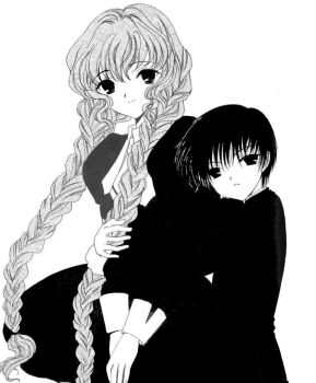 00s 1boy 1girl age_difference ascot black_eyes black_hair braid child chobits clamp clamp_(circle) closed_mouth collared_shirt dress height_difference hug kokubunji_minoru long_hair looking_at_viewer monochrome official_art parted_lips shirt simple_background size_difference smile twin_braids upper_body very_long_hair white_background yuzuki_(chobits)