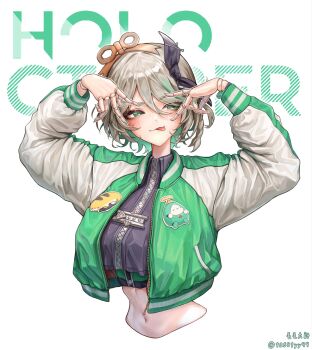1girl breasts cecilia_immergreen colored_inner_hair doll_joints gradient_hair green_eyes green_hair green_jacket grey_hair highres hololive hololive_english jacket joints large_breasts letterman_jacket maomao_dashi multicolored_hair multicolored_jacket navel otomo_(cecilia_immergreen) solo tongue tongue_out two-tone_jacket virtual_youtuber white_jacket winding_key zipper
