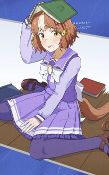 Rule 34 | 1girl, absurdres, animal ears, belno light (umamusume), blush, book, bow, bowtie, breasts, brown hair, closed mouth, collarbone, commentary request, ear ribbon, hair ornament, highres, holding, holding book, horse ears, horse girl, horse tail, letter hair ornament, long sleeves, looking at viewer, multicolored hair, pleated skirt, purple sailor collar, purple serafuku, purple shirt, purple skirt, purple thighhighs, sailor collar, sailor shirt, school uniform, serafuku, shirt, short hair, sitting, skirt, smile, tail, taishou (yzkt3453), thighhighs, tongue, tongue out, tracen school uniform, two-tone hair, umamusume, umamusume: cinderella gray, wariza, white bow, white bowtie, white hair