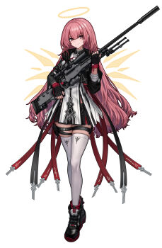 1girl absurdres ai_arctic_warfare alternate_costume angel angel_wings apple arknights bipod black_boots black_gloves black_jacket black_skirt bolt_action boots charm_(object) closed_mouth cropped_jacket detached_wings dress energy_wings fingerless_gloves food fruit full_body gaai gloves gun halo highres holding jacket leather_strap lemuen_(arknights) long_hair long_sleeves looking_at_viewer pink_eyes pink_hair pink_nails pouch red_trim rifle scope shirt simple_background skirt smile sniper_rifle solo standing suppressor thigh_pouch thigh_strap thighhighs traditional_halo weapon white_background white_thighhighs wings yellow_halo yellow_wings zettai_ryouiki