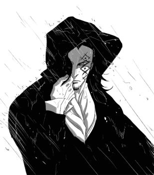 1boy ascot beard closed_mouth commentary dumatree english_commentary facial_hair facial_tattoo greyscale hood hooded_coat long_hair male_focus monkey_d._dragon monochrome one_eye_covered one_piece rain solo tattoo upper_body