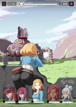 1boy 4girls animated artist_collaboration ass ass_focus automatic_giraffe belt black_pants blonde_hair blue_lips blue_shirt bouncing_ass braid breasts brown_belt cloud colored_skin dark-skinned_female dark_skin day feathers fish_boy fish_girl from_behind gameplay_mechanics gerudo goddess_of_victory:_nikke grass green_eyes grey_hair grin guardian_(zelda) gun hair_ornament hair_stick hairclip heads-up_display holding holding_gun holding_weapon long_hair looking_at_viewer mecha medium_breasts meme mipha multiple_girls nikke's_shooting_pose_(meme) nintendo outdoors pants parody paya_(zelda) pointy_ears pouch princess_zelda red_hair red_skin robot shirt short_hair sidon smile softshiki_oni solo_focus tagme teeth the_legend_of_zelda the_legend_of_zelda:_breath_of_the_wild the_legend_of_zelda:_tears_of_the_kingdom thighs tight_clothes tight_pants urbosa user_interface video weapon white_hair zora