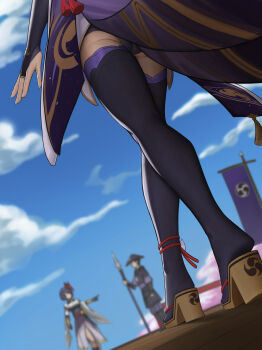 1boy 2girls absurdres ass black_thighhighs blue_sky blurry blurry_background bridal_gauntlets character_request commentary_request day dutch_angle from_behind genshin_impact head_out_of_frame high_heel_sandals highres holding holding_polearm holding_weapon japanese_clothes leg_focus legs lower_body multiple_girls outdoors polearm raiden_shogun sa-baaa sandals short_hair sky solo_focus thighhighs weapon wooden_floor