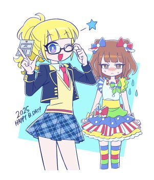 2025 :d absurdres adjusting_eyewear alternate_hairstyle blonde_hair blue_bow blue_eyes blue_jacket blue_skirt blunt_bangs bow bright_pupils brown_hair collared_shirt commentary cone_hair_bun cosplay costume_switch cropped_jacket cropped_legs double_bun dress glasses hair_bow hair_bun hairstyle_switch hand_on_eyewear hands_up happy_birthday highres holding holding_paper idol_clothes jacket jitome lau_(laustar30) long_hair long_sleeves looking_at_viewer minami_mirei minami_mirei_(cosplay) minami_mirei_(normal) multicolored_dress necktie one_eye_closed open_mouth paper paprika_private_academy_school_uniform pink_necktie pleated_skirt ponytail pretty_series pripara school_uniform self_cosplay semi-rimless_eyewear shirt short_hair skirt smile symbol-only_commentary white_pupils white_shirt