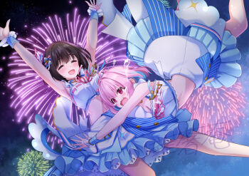 2girls aerial_fireworks ahoge aqua_hair arms_up black_hair blue_ribbon blue_skirt blue_wrist_cuffs blush breasts brooch cleavage closed_eyes east01_06 fang fireworks idolmaster idolmaster_cinderella_girls idolmaster_cinderella_girls_starlight_stage jewelry layered_skirt medium_hair multicolored_hair multiple_girls night open_mouth outdoors pink_eyes pink_hair pink_ribbon pleated_skirt ribbon signature skirt striped_clothes striped_skirt takafuji_kako tearing_up tears thighs twitter_username two-tone_hair vertical-striped_clothes vertical-striped_skirt wavy_mouth white_ribbon white_skirt wrist_cuffs yumemi_riamu