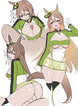 1girl absurdres animal_ears braid breasts brown_hair cleavage covered_erect_nipples covered_navel double-parted_bangs ear_ornament gloves green_shrug green_skirt green_tube_top half_up_braid hetero highres horse_ears horse_girl horse_tail leotard long_hair long_sleeves miniskirt paizuri penis protected_link race_queen revealing_clothes reverse_cowgirl_position satono_diamond_(umamusume) see-through_clothes see-through_skirt sex shiny_clothes shiny_skin shrug_(clothing) skirt straddling strapless tail thighhighs tube_top ugohato umamusume underboob vaginal very_long_hair white_gloves white_leotard white_thighhighs